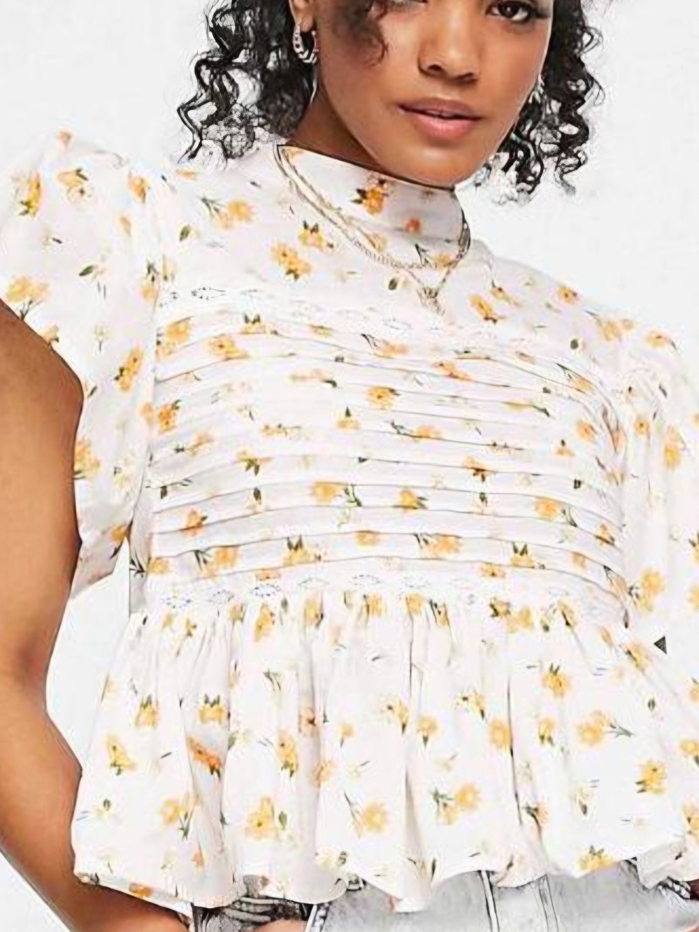 Pintuck Peplum Blouse - White with Yellow Floral